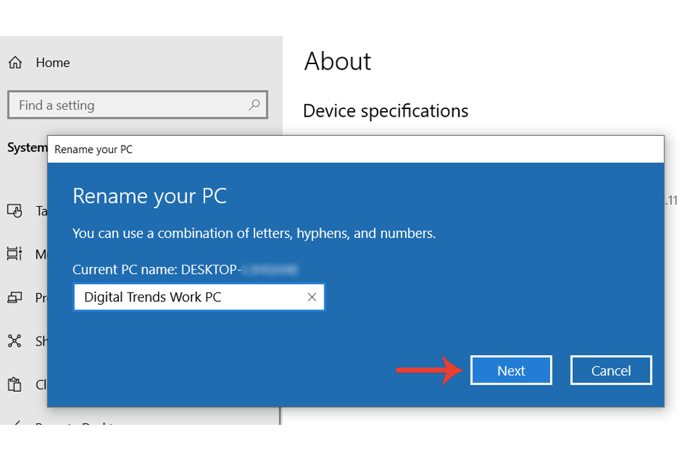 Changing the PC name associated with a Windows 10 system.