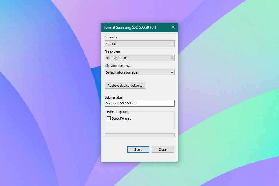 Captura de pantalla del cuadro de diálogo de formato SSD en Windows 10.