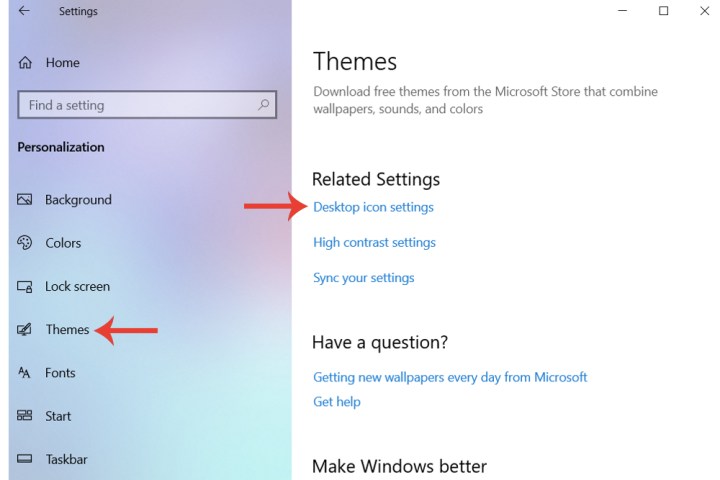 A opção de configurações do ícone da área de trabalho no Windows 10.