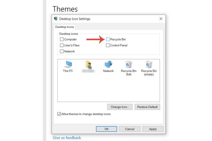 The Desktop icon settings window in Windows 10.