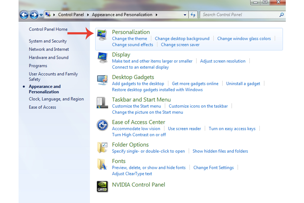 La opción Apariencia y personalización en Windows 7.
