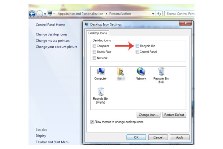 A opção Alterar ícones da área de trabalho no Windows 7.