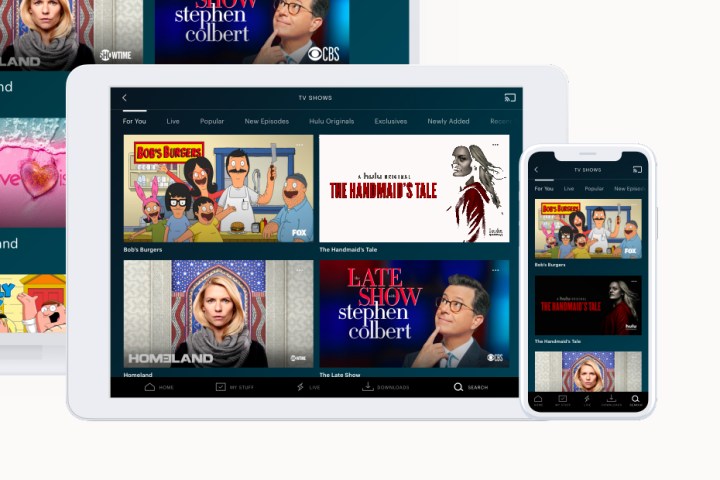 The Hulu homepage on an iPad and an iPhone.