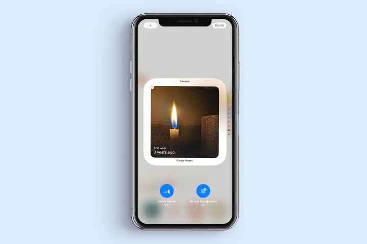 Captura de tela do iPhone com opções de edição de widget inteligente do iOS.