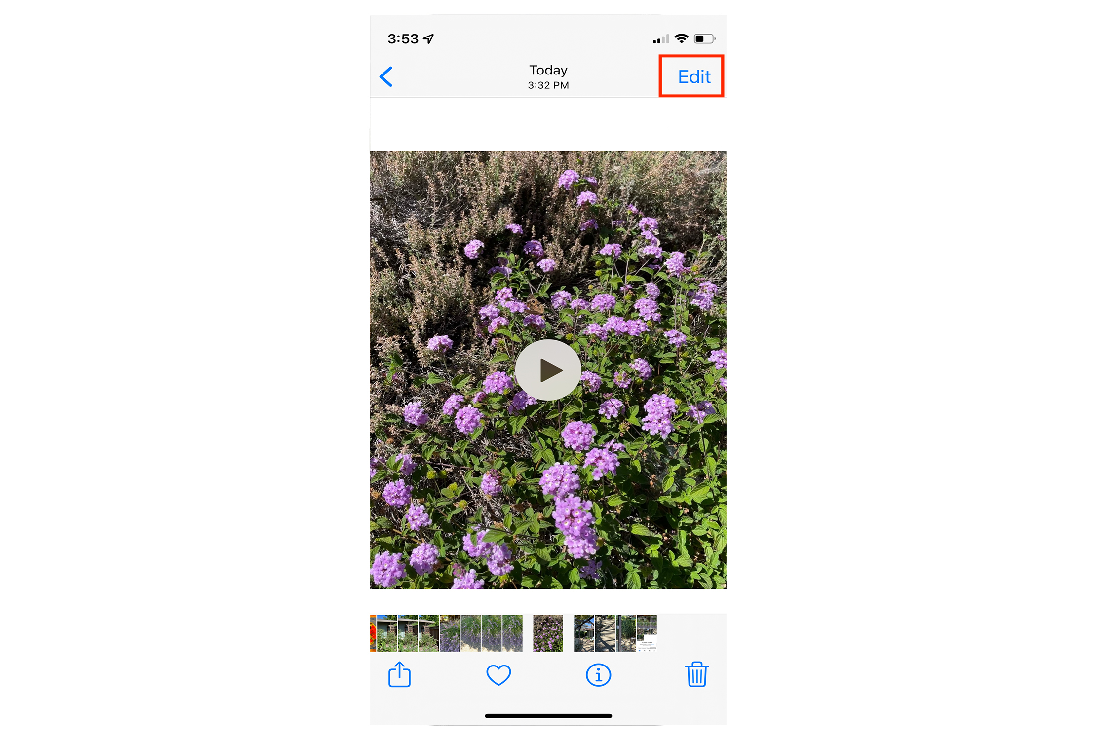 Painel de edição de vídeo do aplicativo Fotos do iPhone.