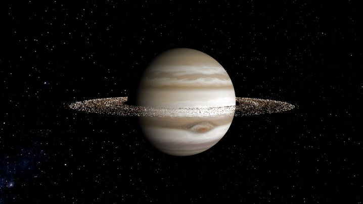 Renderização artística de Júpiter com anéis que rivalizam com os de Saturno.