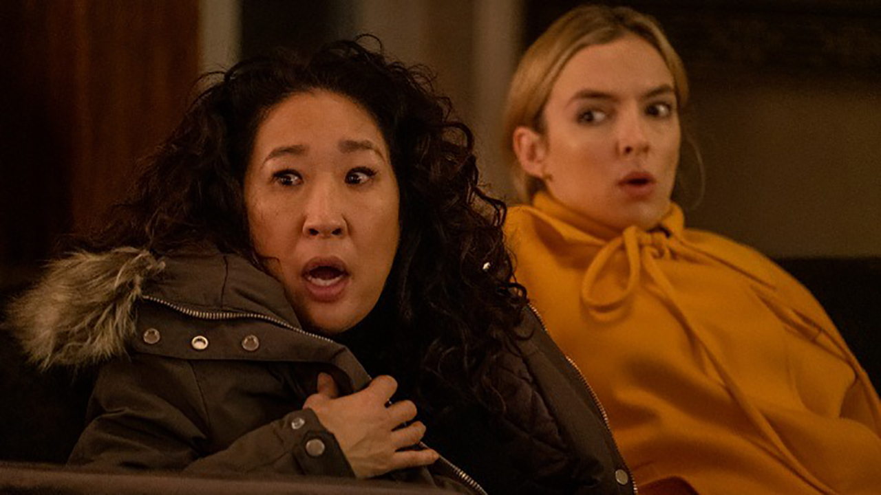 Eve and Villanelle from Killing Eve both looking shocked.