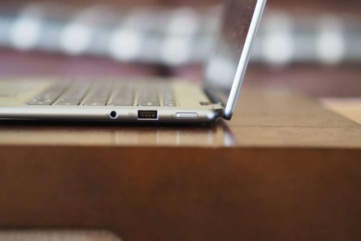 Lenovo Yoga 7i Gen 7 side view showing lid and ports.