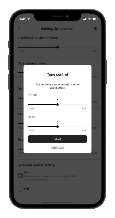 Schermata di controllo del tono dell'app LG Sound Bar.