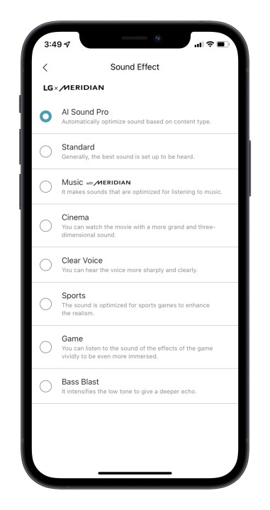 Schermata delle modalità musicali dell'app LG Sound Bar.