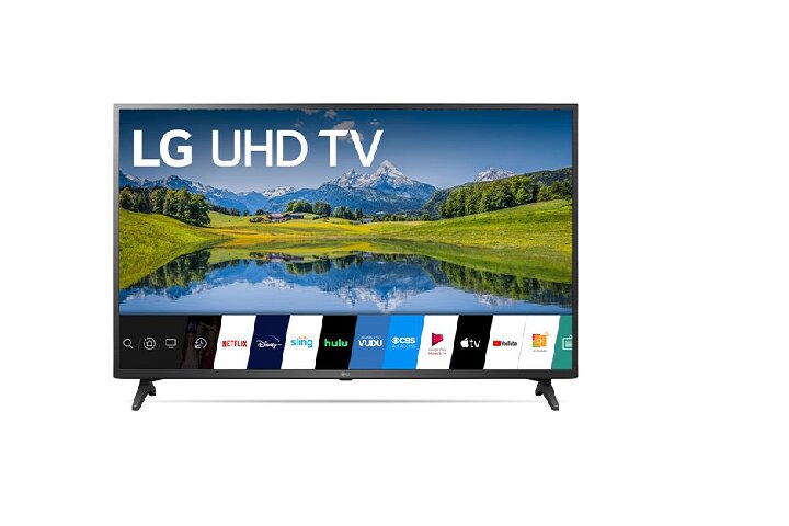65-inch LG 4K TV on a white background displaying the dashboard.