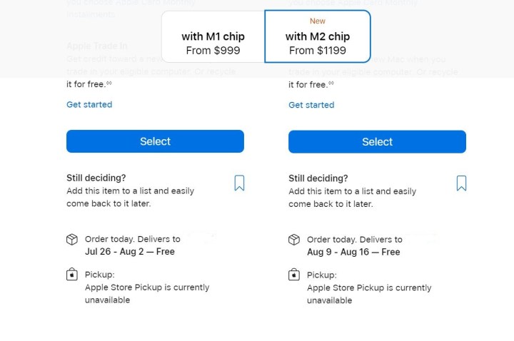 An Apple Store product page with the prices of the M1 and M2 MacBook Air next to each other.