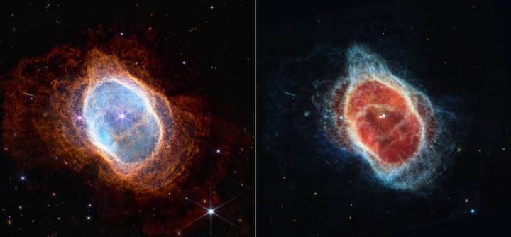 Dos estrellas, que están encerradas en una órbita estrecha, dan forma al paisaje local. Las imágenes infrarrojas de Webb presentan nuevos detalles en este complejo sistema. Las estrellas, y sus capas de luz, son prominentes en la imagen de la Cámara de Infrarrojo Cercano (NIRCam) de Webb a la izquierda, mientras que la imagen del Instrumento de Infrarrojo Medio (MIRI) de Webb a la derecha muestra por primera vez que la segunda estrella está rodeada de polvo. La estrella más brillante se encuentra en una etapa más temprana de su evolución estelar y probablemente expulsará su propia nebulosa planetaria en el futuro.