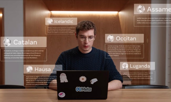 Image with languages displaying in front of a man on his laptop for Meta's 200 languages within a single AI model video.