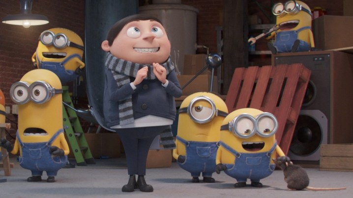 Gru looks happy as he's surrounded by his Minions in his under-construction lair.