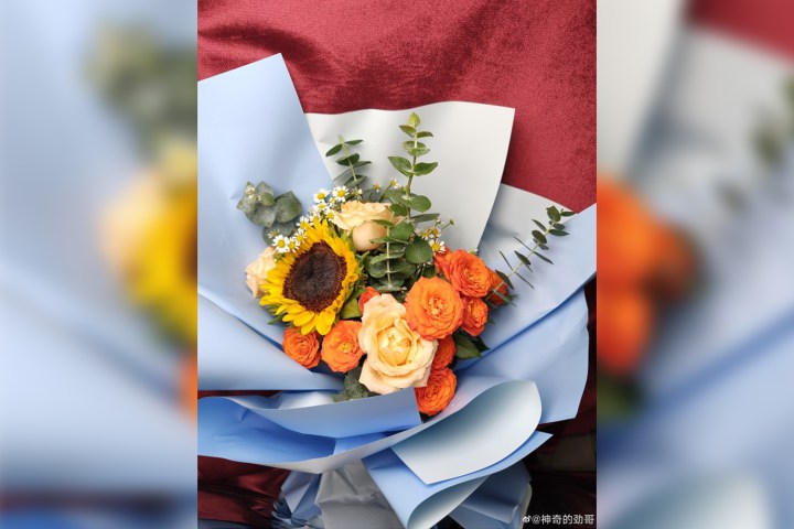 Imagen de muestra del Motorola X30 Pro que muestra un ramo de flores dentro de papel azul bebé.