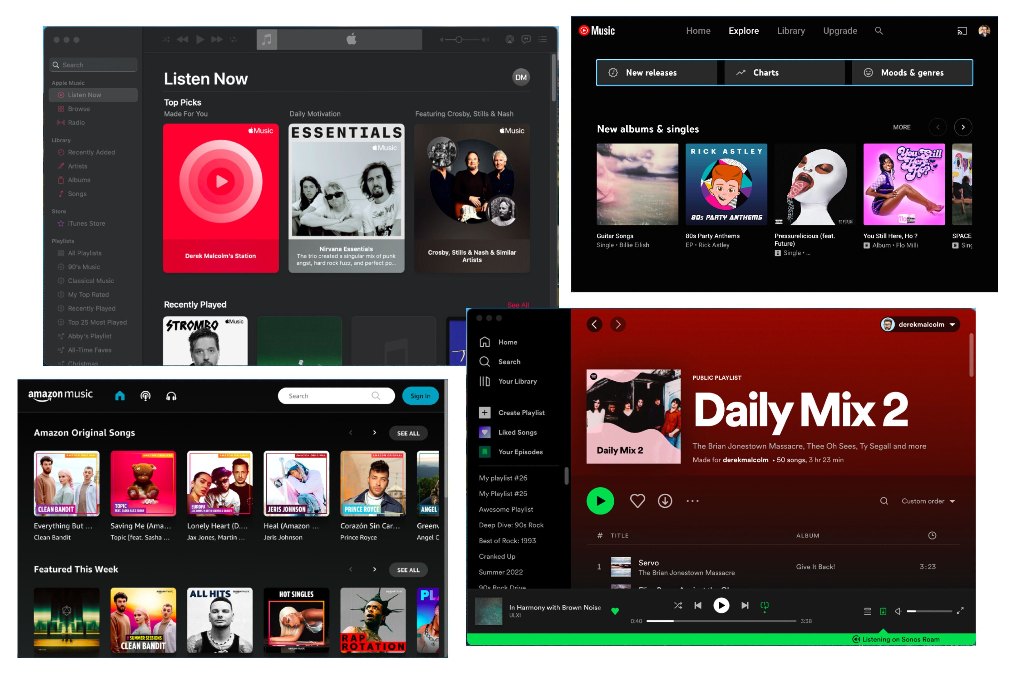Uma colagem de serviços de streaming de música, incluindo Apple Music, Spotify, Amazon Music e YouTube Music.