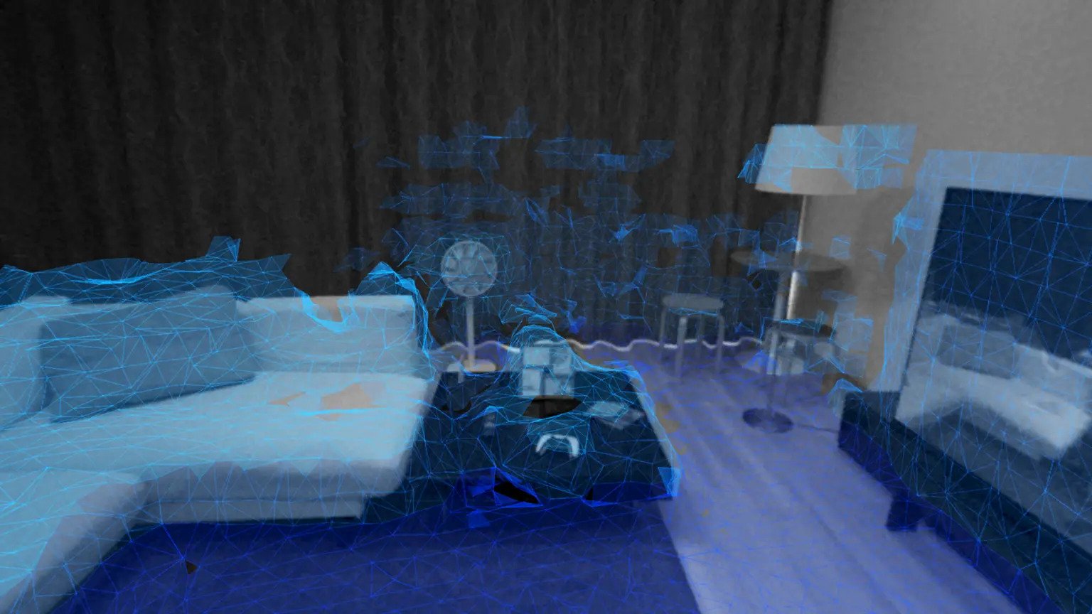 PlayStation VR 2 की सीमा विशेषता जैसा कि हेडसेट के माध्यम से देखा जाता है।