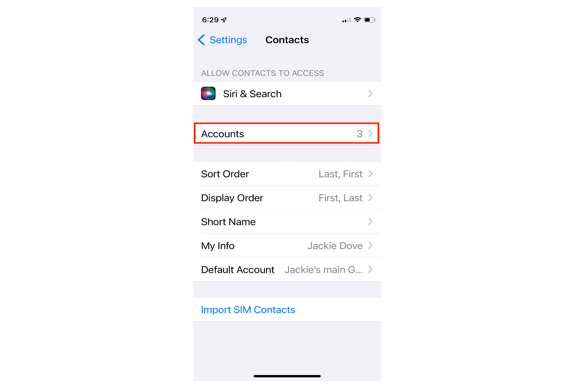 Aplicativo de Configurações do iPhone com as Contas de Contatos selecionadas.