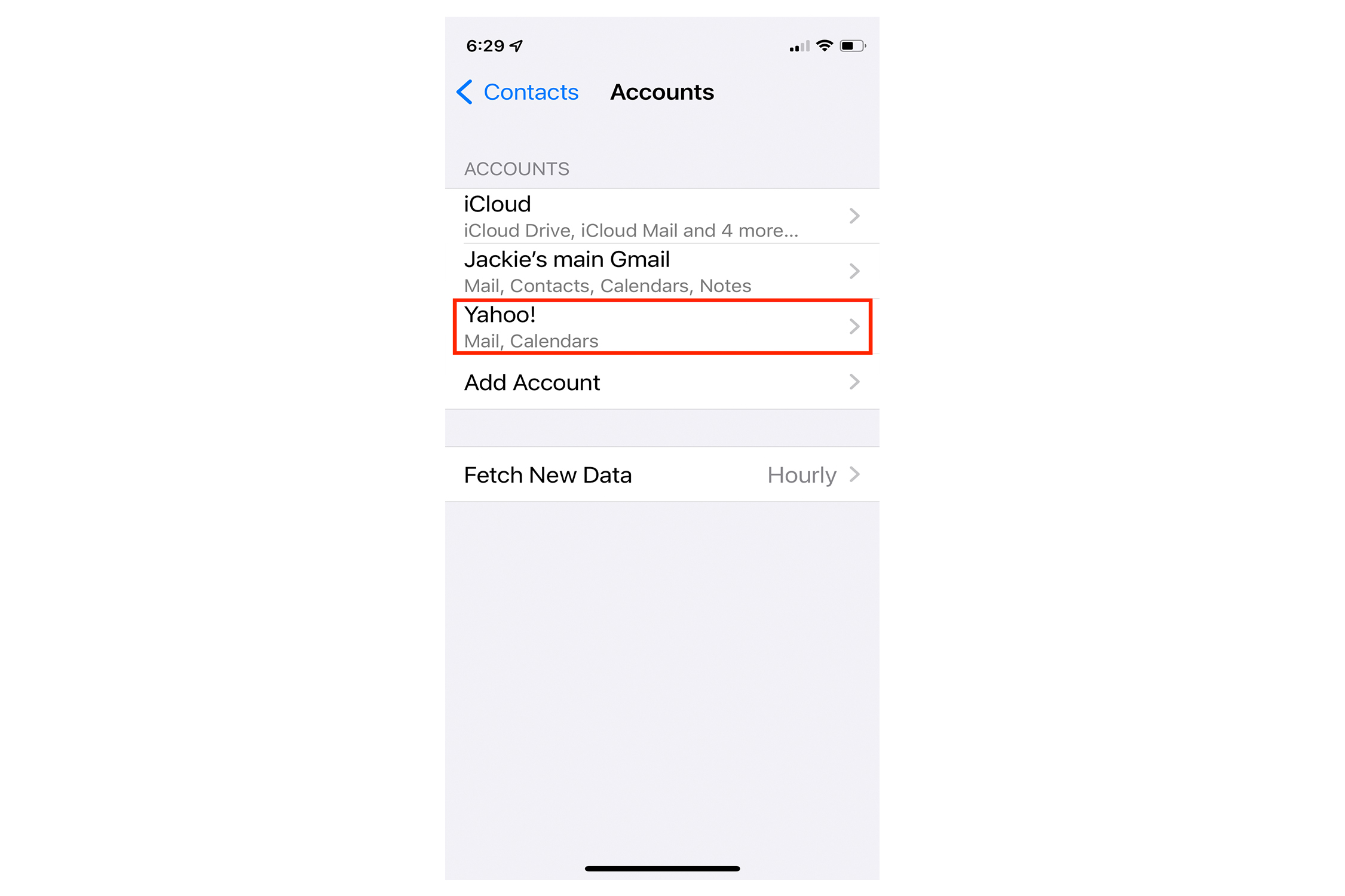 Aplicativo de configurações do iPhone com conta específica selecionada.
