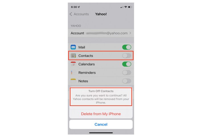 Приложение «Настройки iPhone» с текстом подтверждения удаления учетной записи.