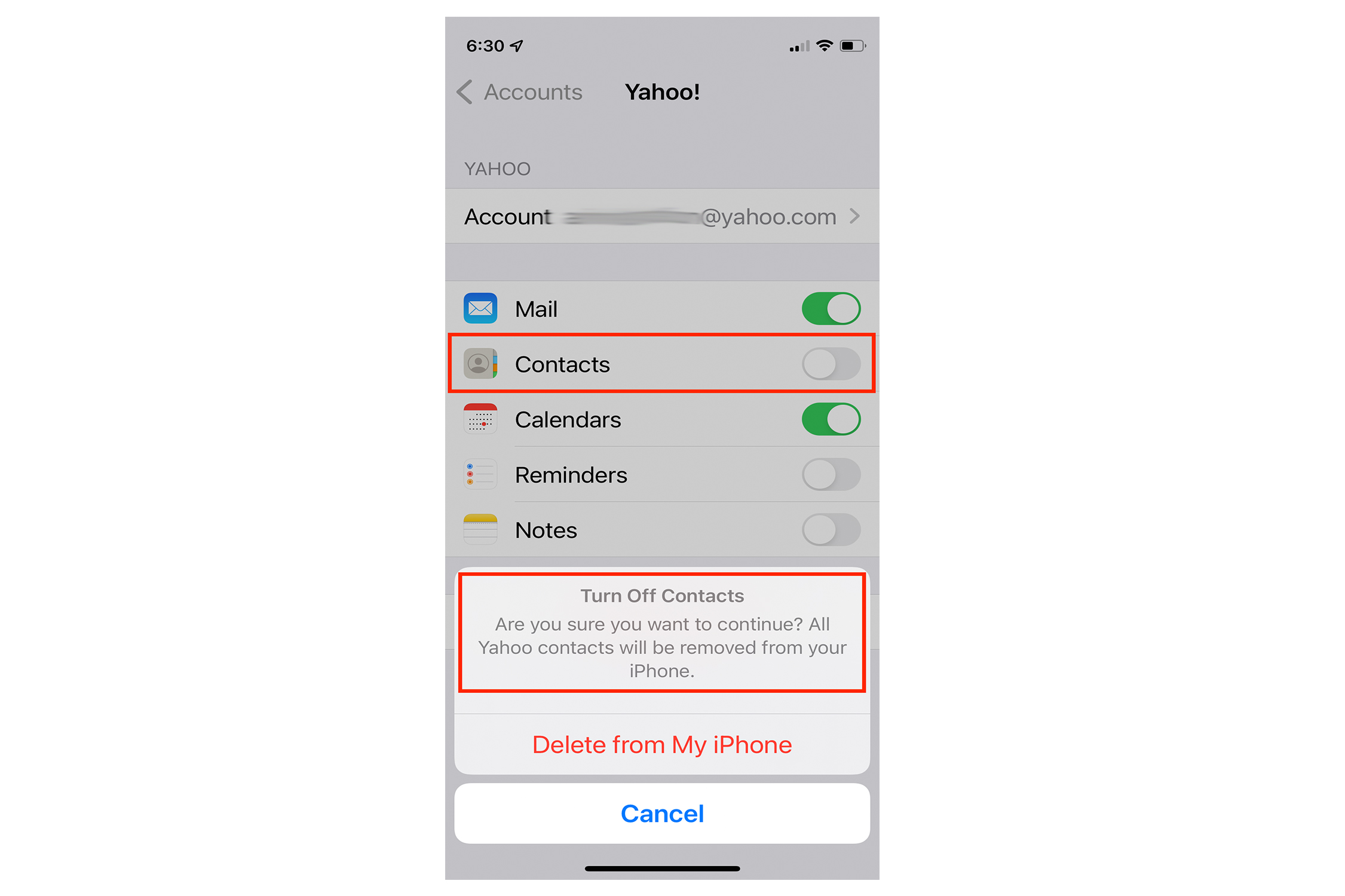 Aplicativo de configurações do iPhone com texto de confirmação de exclusão de conta.