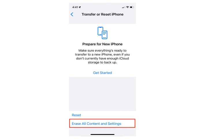 iPhone Erase and Reset setting.