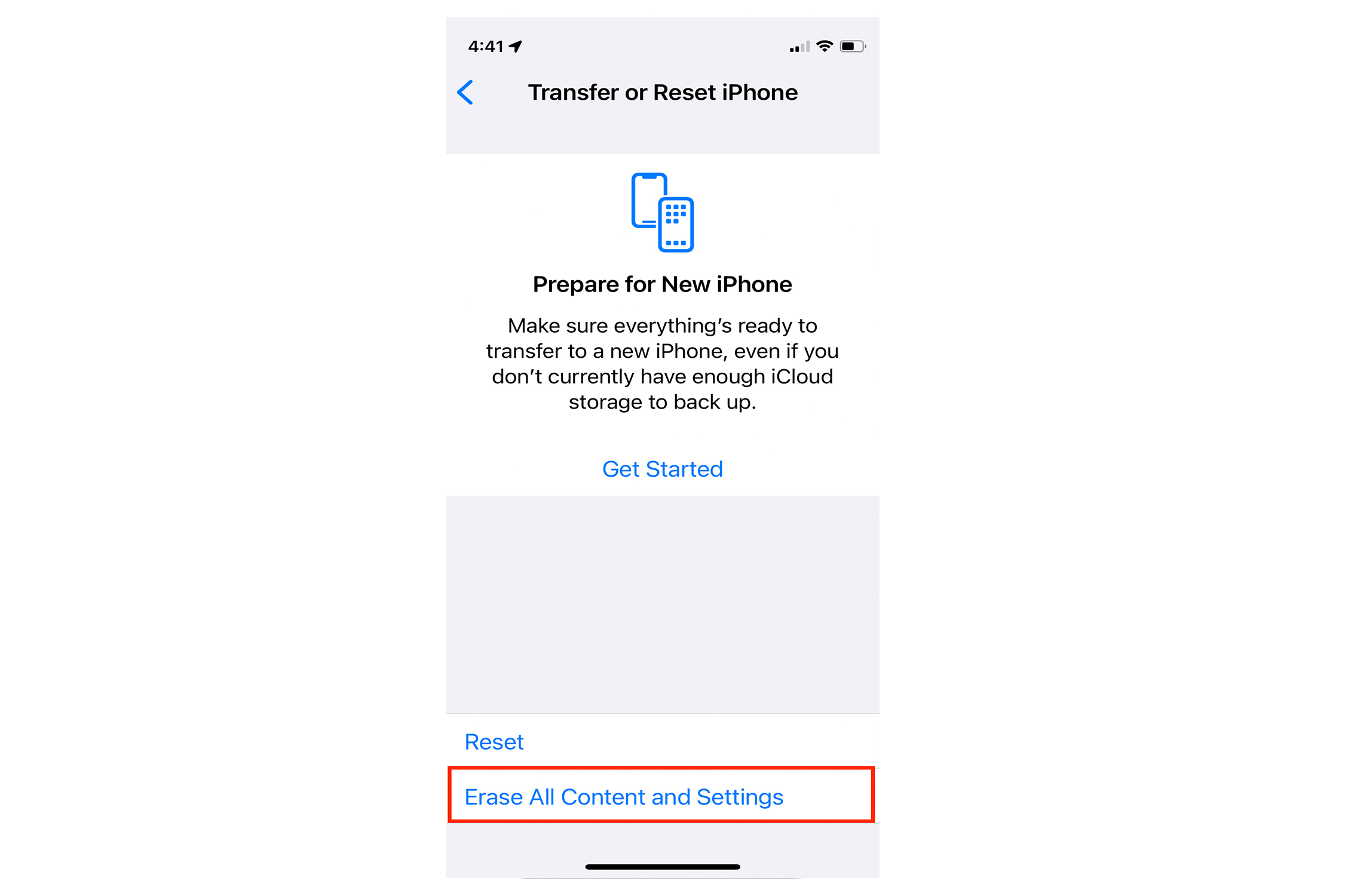 iPhone Erase and Reset setting.