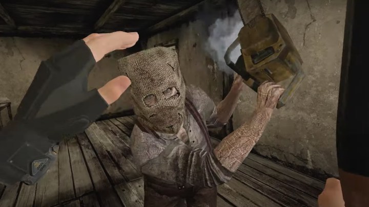 Человек с бензопилой атакует Леона в Resident Evil 4 VR.
