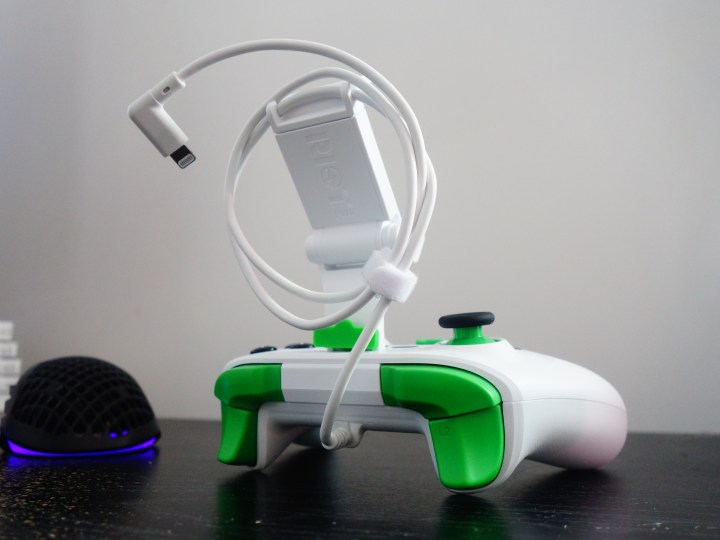 The backside of the RiotPWR Xbox Edition controller shows its lengthy cable.