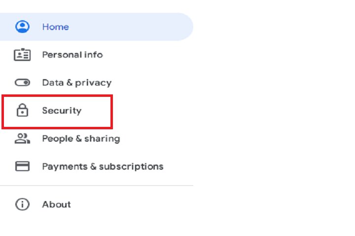 Opção de segurança em Gerenciar sua conta do Google.