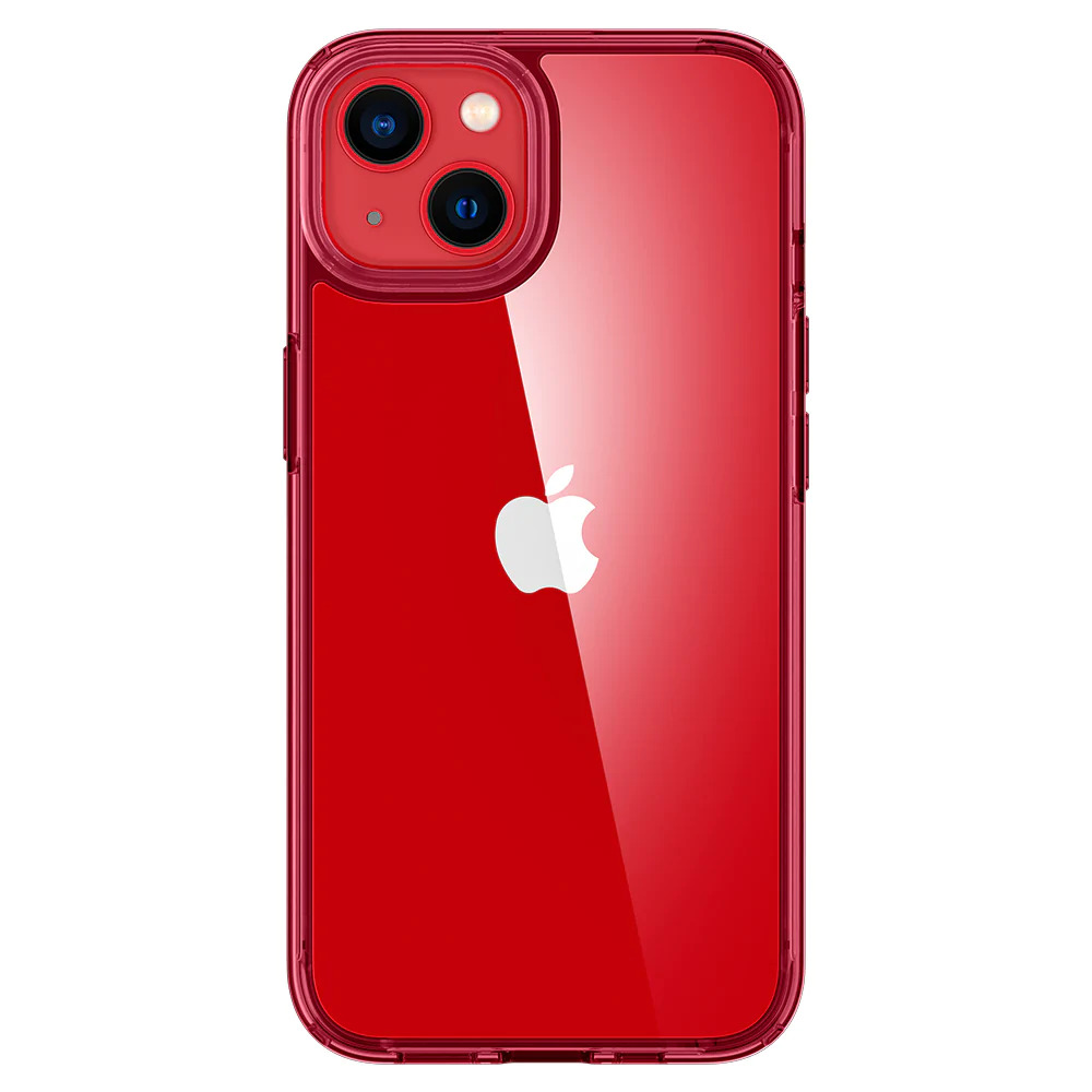 Estuche ultra híbrido de Spigen para el iPhone 13 mini.  Muestra la versión roja del estuche.