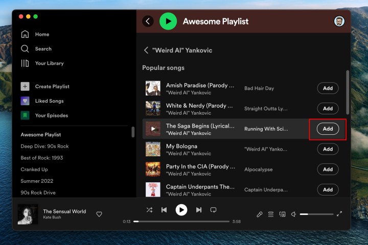 The "Add Song" button when creating a Spotify playlist on the desktop app.