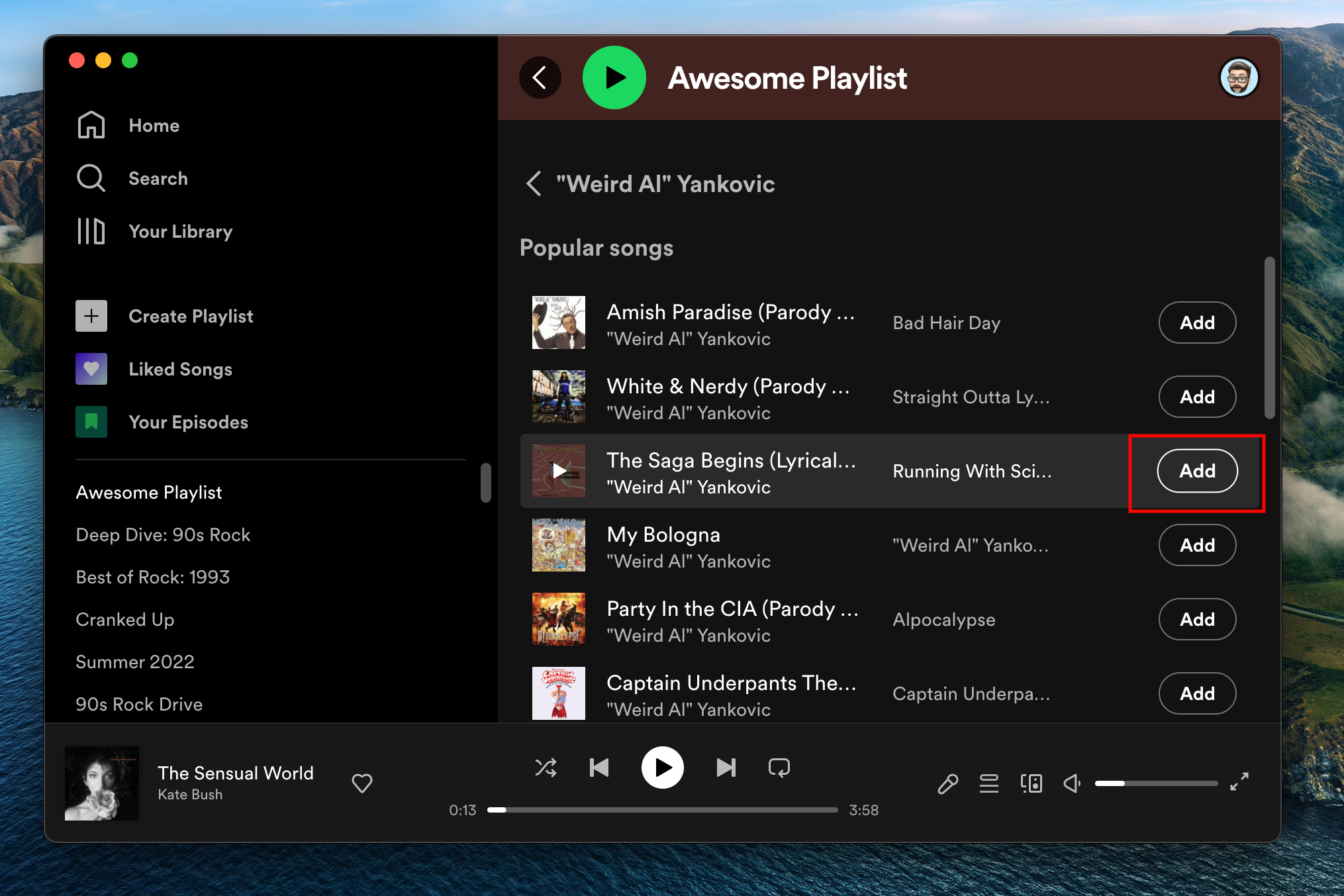 o "Adicionar música" botão ao criar uma lista de reprodução do Spotify no aplicativo para desktop.