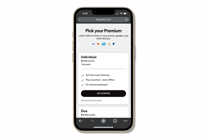 Spotify on an iPhone with the buy Spotify Premium page.
