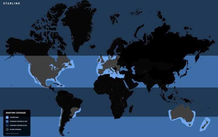 Mapa de cobertura de Starlink Maritime.
