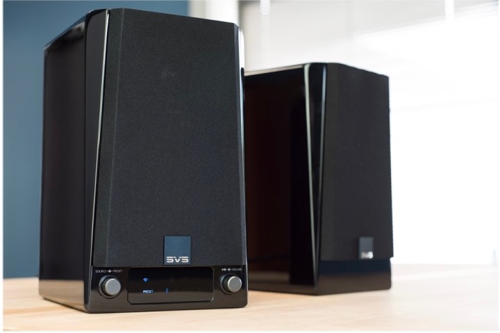 The SVS Prime Wireless speakers on a table.