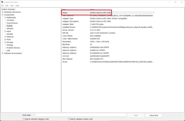 System Information in Windows showing the type of GPU in a PC.