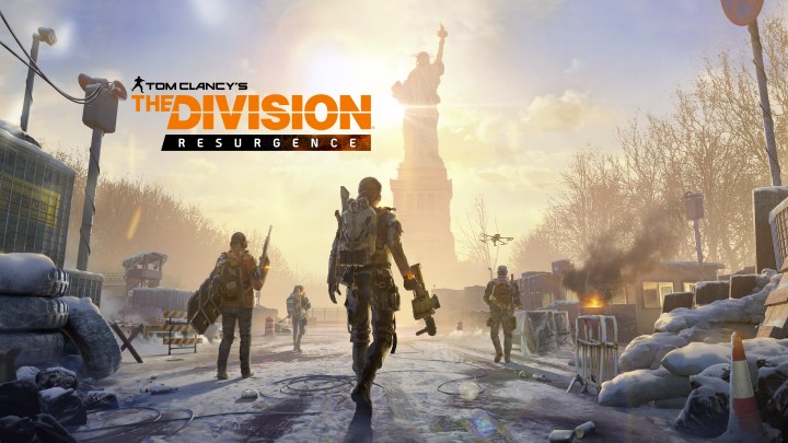 Characters walk towards the Statue of Liberty in The Division Resurgence key art.