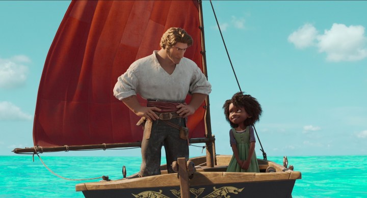 Monster hunter Jacob and young stowaway Maisie look at each other while on a small rowboat in a scene from The Sea Beast.