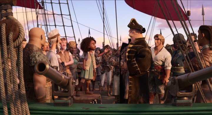 Капитан и команда корабля «Неизбежное» смотрят на безбилетную Мейси в сцене из «Морского зверя».