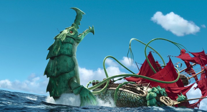 A massive sea monster grapples with a ship in the ocean in a scene from The Sea Beast.