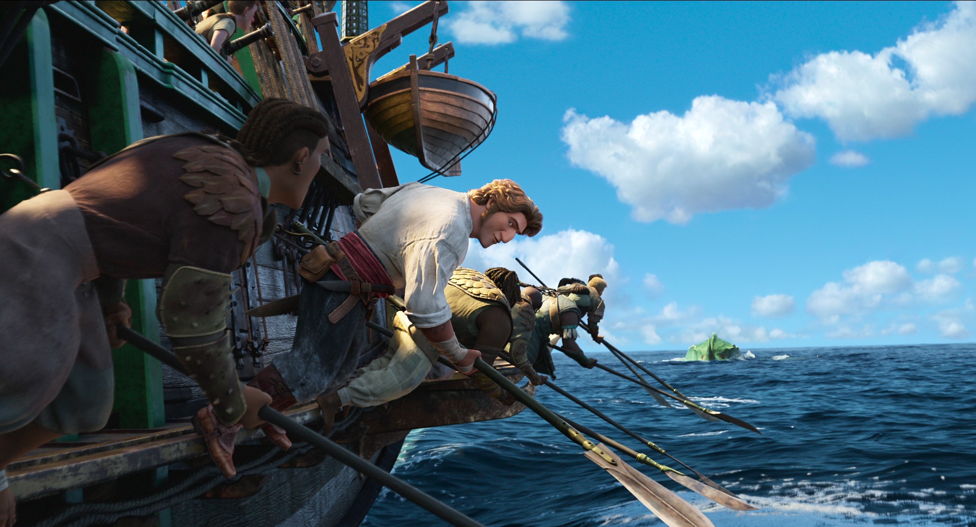 Jacob Holland inclina-se sobre a lateral do navio caçador de monstros The Inevitable em uma cena de The Sea Beast.