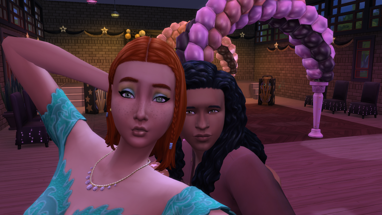 Two sims take a selfie at prom in The Sims 4: High School Years.