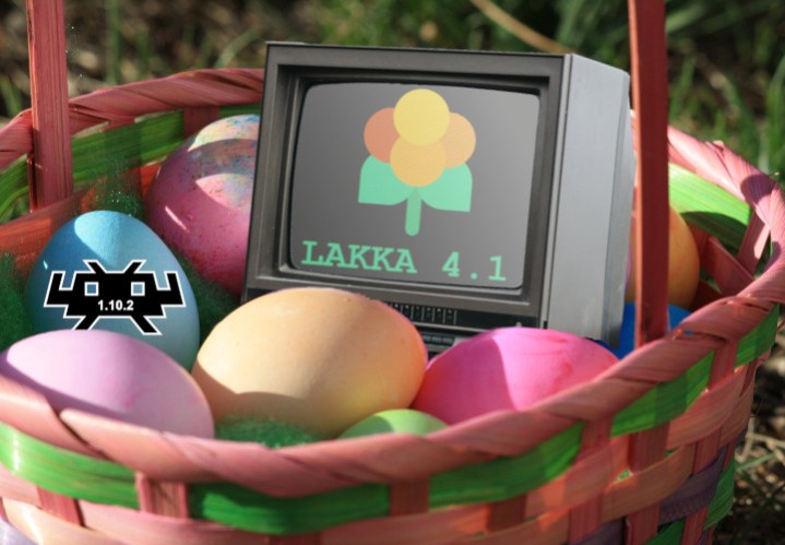 A vintage monitor with the Lakka logo sitting in a basket of easter eggs