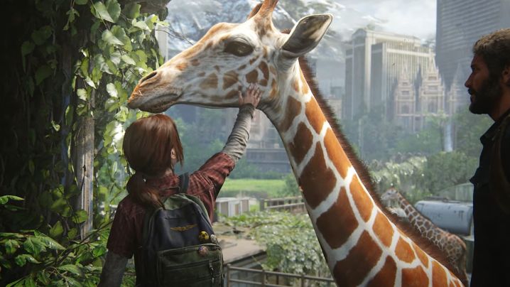 Ellie pets a giraffe in The Last of Us Part I.