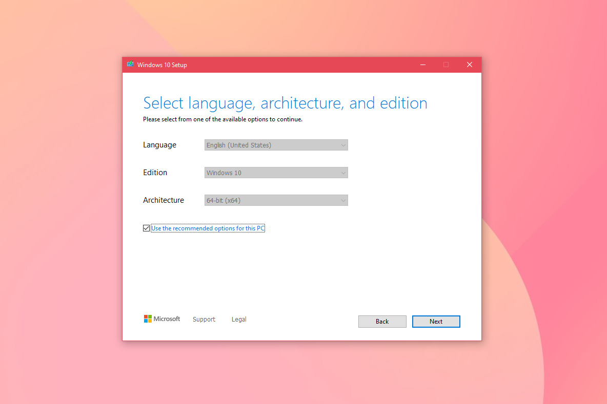 Captura de tela da ferramenta de mídia de instalação do Windows 10 mostrando opções de idioma e edição.