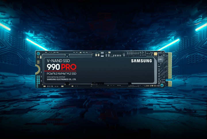 Samsung 990 PRO SSD over a dark background.