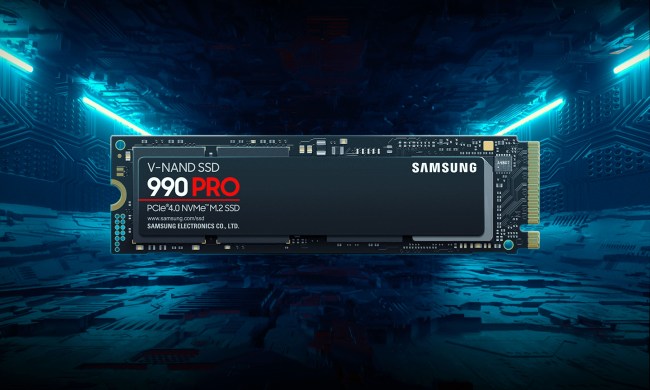 Samsung 990 PRO SSD over a dark background.