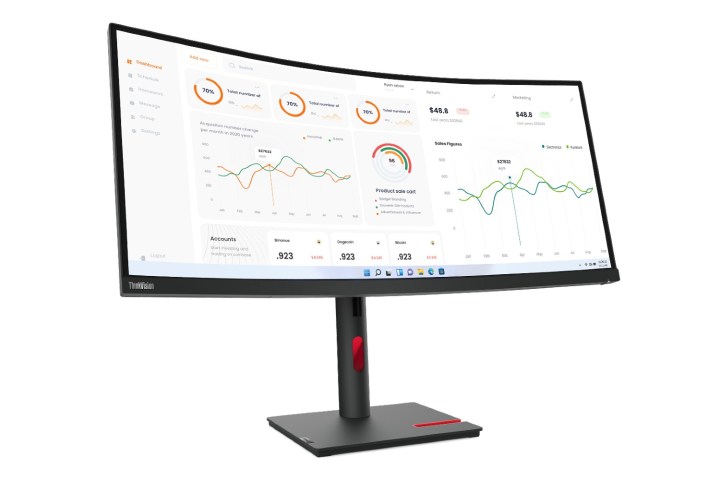 The ThinkVision ultra-wide monitor against a white background.